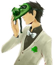 Rule 34 | 1boy, black hair, bow, bowtie, chalaite, formal, gas mask, green eyes, hand on own hip, highres, homestuck, jake english, male focus, mask, short hair, skull, smile, solo, suit, taking off, traditional bowtie, undressing, white background