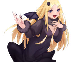 Rule 34 | 1girl, black dress, black nails, black neckwear, blonde hair, blue eyes, breasts, cleavage, demon girl, demon wings, dress, fur collar, fur trim, implied singing, long hair, nail polish, open mouth, overlord (maruyama), renner theiere chardelon ryle vaiself, sharp nails, small breasts, very long hair, wings, yandere