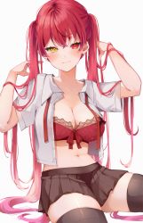 Rule 34 | 1girl, blush, bra, breasts, brown skirt, brown thighhighs, cleavage, closed mouth, hands in hair, highres, hololive, houshou marine, large breasts, long hair, looking at viewer, midriff, navel, open clothes, open mouth, open shirt, pleated skirt, red bra, red eyes, red hair, shirt, short sleeves, simple background, sitting, skirt, solo, thighhighs, twintails, underwear, uo illust, very long hair, virtual youtuber, white background, white shirt, yellow eyes