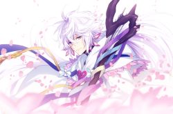 Rule 34 | 1boy, ahoge, bishounen, center frills, fate/grand order, fate (series), flower, flower knot, frills, hair between eyes, hair ornament, holding, holding staff, holding weapon, hood, hood down, hooded robe, light smile, long hair, looking at viewer, male focus, merlin (fate), multicolored hair, petals, pink ribbon, purple eyes, ribbon, robe, simple background, smile, solo, staff, tassel, turtleneck, two-tone hair, upper body, very long hair, weapon, white background, white hair, white robe, xia (ryugo)