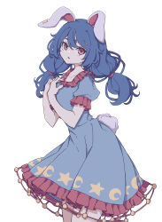 Rule 34 | 1girl, absurdres, animal ears, blue dress, blue hair, dress, earclip, frills, highres, kame (kamepan44231), long hair, low twintails, one-hour drawing challenge, puffy short sleeves, puffy sleeves, rabbit ears, rabbit tail, red eyes, seiran (touhou), short sleeves, simple background, solo, star (symbol), star print, tail, touhou, twintails, white background