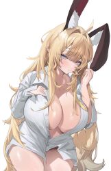 Rule 34 | 1girl, animal ear fluff, animal ears, blonde hair, blue eyes, breasts, cleavage, highres, large breasts, long hair, looking at viewer, messy hair, original, pointy ears, rabbit ears, rabbit girl, rabii, rima (0136), simple background, solo, thighs, unbuttoned, very long hair, white background