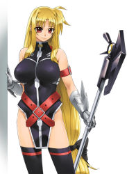 Rule 34 | 00s, 1girl, bad id, bad pixiv id, bardiche (assault form) (nanoha), bardiche (nanoha), blonde hair, breasts, chyko7080, fate testarossa, fate testarossa (true sonic form), gloves, large breasts, long hair, low-tied long hair, lyrical nanoha, mahou shoujo lyrical nanoha, mahou shoujo lyrical nanoha strikers, red eyes, solo, thighhighs, very long hair