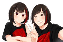 Rule 34 | 2girls, bang dream!, black hair, black shirt, brown eyes, crossed arms, elu pom, eyelashes, grin, highres, matching outfits, mitake ran, multicolored hair, multiple girls, real life, red hair, sakura ayane, selfie, shirt, short hair, signature, smile, streaked hair, t-shirt, upper body, v, voice actor, voice actor connection, white background