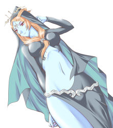 Rule 34 | 1girl, blue skin, cape, colored skin, front ponytail, hood, microspace, midna, midna (true), midriff, nintendo, orange hair, red eyes, spoilers, the legend of zelda, the legend of zelda: twilight princess