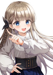Rule 34 | 1girl, blonde hair, blue eyes, blue skirt, blush, braid, brown hair, clothing request, collarbone, commentary, cowboy shot, hand on own hip, hand up, highres, idoly pride, index finger raised, long hair, long sleeves, looking at viewer, narumiya suzu, open mouth, pluto (97dwnstjq), puffy sleeves, side braid, simple background, skirt, smile, solo, white background