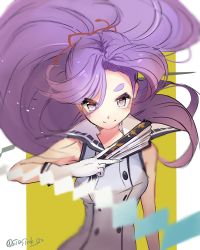 Rule 34 | 10s, 1girl, absurdres, commentary request, dress, folding fan, gloves, hair ribbon, hand fan, hatsuharu (kancolle), hatsuharu kai ni (kancolle), highres, kantai collection, long hair, looking at viewer, one-hour drawing challenge, ponytail, purple eyes, purple hair, ribbon, sailor dress, shide, siosiok 02, sleeveless, solo, very long hair, white gloves