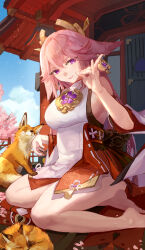 Rule 34 | 1girl, absurdres, blue sky, breasts, commentary request, day, fox, fusyo fuka, genshin impact, grin, highres, large breasts, looking at viewer, miniskirt, nontraditional miko, pink hair, purple eyes, red skirt, shirt, sitting, skirt, sky, sleeveless, sleeveless shirt, smile, solo, white shirt, yae miko, yokozuwari