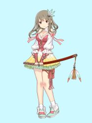 Rule 34 | 1girl, aqua background, blue eyes, blunt bangs, boots, breasts, brown hair, cleavage, closed mouth, corset, full body, hair ornament, highres, holding, holding sword, holding weapon, kaieda hiroshi, katana, knees together feet apart, large breasts, long hair, looking at viewer, petticoat, pigeon-toed, pouch, puffy sleeves, sheath, sheathed, simple background, skirt, solo, standing, sword, thick eyebrows, thigh pouch, thigh strap, v arms, weapon, yellow skirt
