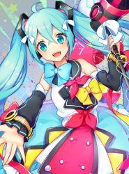 Rule 34 | 1girl, :d, bare shoulders, blue bow, blue eyes, bow, detached sleeves, dress, grey background, hatsune miku, long hair, looking at viewer, magical mirai miku, magical mirai miku (2018), maru-kichi, microphone, open mouth, outstretched hand, pink bow, school uniform, serafuku, smile, solo, standing, twintails, vocaloid, yellow bow