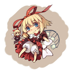 Rule 34 | 2girls, blonde hair, bloomers, blue eyes, blush, bow, chibi, closed mouth, commentary request, doll, fairy wings, flower, hair bow, hair ribbon, lily of the valley, medicine melancholy, multiple girls, plant, purple shirt, red bow, red ribbon, red skirt, ribbon, shirt, short hair, short sleeves, simple background, skirt, su-san, touhou, underwear, white background, white bloomers, white bow, wings, yayin (yayin233)