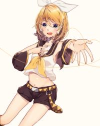 Rule 34 | 1girl, :d, belt, black sailor collar, black shorts, black sleeves, blonde hair, bow, collared shirt, detached sleeves, hair between eyes, hair bow, hair ornament, hairclip, headphones, headset, heart, highres, kagamine rin, long sleeves, manya sora, microphone, midriff, navel, neckerchief, open mouth, outstretched arms, outstretched hand, sailor collar, sailor shirt, shirt, short hair, short shorts, shorts, simple background, sleeveless, sleeveless shirt, smile, solo, stomach, vocaloid, white background, white bow, white shirt, yellow neckerchief