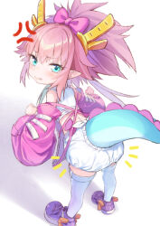 Rule 34 | 1girl, anger vein, apron, bare shoulders, blue eyes, bow, breasts, coffeekite, detached sleeves, dragon girl, dragon horns, dragon tail, fate/grand order, fate (series), hair bow, high ponytail, horns, kumonryuu eliza (fate), long hair, looking at viewer, looking back, pink apron, pink bow, pink hair, pink sleeves, pointy ears, shirt, shoes, shorts, sidelocks, sleeveless, sleeveless shirt, small breasts, sneakers, tail, thighhighs, white shirt, white shorts, white thighhighs, wide sleeves