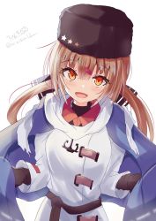 Rule 34 | 1girl, :d, black bow, black gloves, black hat, blouse, blue shawl, blush, bow, brown eyes, brown hair, fur hat, gloves, hair between eyes, hair bow, hair ornament, hairclip, hat, highres, hizaka, jacket, kantai collection, long hair, long sleeves, low twintails, one-hour drawing challenge, open mouth, papakha, red shirt, scarf, shawl, shirt, signature, smile, solo, tashkent (kancolle), torn clothes, torn scarf, twintails, twitter username, untucked shirt, upper body, white jacket, white scarf