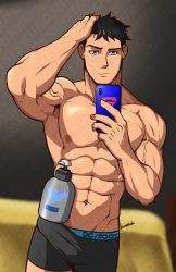 Rule 34 | 1boy, absurdres, armpits, black hair, black male underwear, blue eyes, bottle, bulge, cellphone, closed mouth, clothes writing, dc comics, erection, erection under clothes, hand on own head, highres, holding, holding phone, kuroshinki, looking at viewer, male focus, male underwear, muscular, muscular male, nipples, phone, shampoo challenge, short hair, solo, superboy, superman (series), underwear, underwear only, water bottle, young justice
