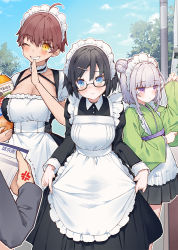 Rule 34 | 1boy, 3girls, alternate costume, anger vein, apron, bag of chips, black dress, black hair, blue eyes, blue sky, blush, bottle, breasts, brown hair, cleavage, cloud, commentary, dark-skinned female, dark skin, day, double bun, dress, enmaided, frilled apron, frills, green kimono, grin, hair between eyes, hair bun, hair ornament, hairclip, hand up, has bad revision, has cropped revision, japanese clothes, juliet sleeves, kimono, large breasts, long sleeves, maid, maid apron, maid headdress, md5 mismatch, mixed maids, multiple girls, one eye closed, original, out of frame, outdoors, pinching sleeves, pleated dress, puffy sleeves, purple eyes, resolution mismatch, short hair, silver hair, sky, sleeves past wrists, smile, source smaller, tokuno yuika, translated, trembling, wa maid, white apron, wide sleeves, yellow eyes