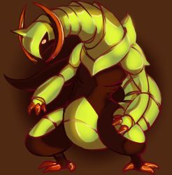 Rule 34 | brown background, claws, commentary request, creature, creatures (company), dusclord005, french commentary, full body, game freak, gen 5 pokemon, haxorus, nintendo, no humans, pokemon, pokemon (creature), simple background, solo, standing, yellow eyes