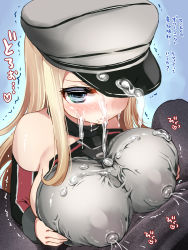 Rule 34 | 10s, 1girl, bare shoulders, bismarck (kancolle), blonde hair, blue eyes, blush, breasts squeezed together, breasts, cum, covered erect nipples, facial, hat, highres, huge breasts, kantai collection, lactation, lactation through clothes, long hair, nipples, paizuri, paizuri under clothes, personification, puffy nipples, see-through, suzune rai, trembling
