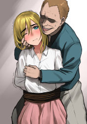 Rule 34 | 2boys, absurdres, age difference, armin arlert, arms behind back, blonde hair, blue eyes, blue skirt, blush, bound, grabbing another&#039;s breast, brown hair, captured, krista lenz, commentary, crossdressing, embarrassed, grabbing, grey background, grey pants, hand on another&#039;s chest, hand on another&#039;s face, head tilt, highres, light frown, long hair, male focus, molestation, multiple boys, nishikino kee, no eyes, one eye closed, pants, pink skirt, rope, sexual harassment, shingeki no kyojin, shirt, skirt, tongue, tongue out, trap, trembling, white shirt, wrinkled skin, yaoi