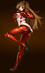 Rule 34 | 1girl, alternate breast size, asagiri, ass, blue eyes, blush, bodysuit, breasts, brown hair, butt crack, cameltoe, covered navel, covering privates, covering breasts, curvy, evangelion: 2.0 you can (not) advance, full body, huge ass, lips, long hair, looking at viewer, multicolored bodysuit, multicolored clothes, neon genesis evangelion, plugsuit, rebuild of evangelion, red bodysuit, shiny clothes, shiny skin, simple background, skin tight, solo, souryuu asuka langley, sweat, test plugsuit, tsundere, two side up, very long hair, wide hips