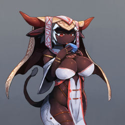 Rule 34 | 1girl, breasts, furry, furry female, goat, grey hair, kamukamu6392, large breasts, original, red eyes, revealing clothes, short hair, solo, tongue