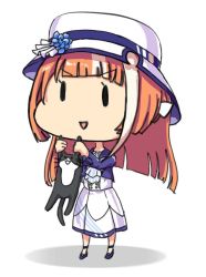 Rule 34 | 1girl, akikawa yayoi (umamusume), ascot, blue flower, blunt bangs, cat, chibi, commentary, cropped jacket, dress, error musume, flower, girl holding a cat (kancolle), hat, hat flower, inuyama tarou, kantai collection, long hair, long sleeves, multicolored hair, one-hour drawing challenge, orange hair, sidelocks, simple background, sketch, solid oval eyes, streaked hair, sun hat, trait connection, umamusume, white background, white headwear