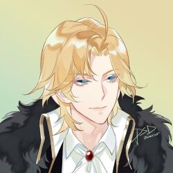 Rule 34 | 1boy, ahoge, ascot, black jacket, blonde hair, blue eyes, brooch, closed mouth, collared jacket, collared shirt, curtained hair, fur-trimmed jacket, fur trim, jacket, jewelry, lars rorschach, looking to the side, lovebrush chronicles, male focus, parted bangs, portrait, psd (psdgai), shirt, short hair, signature, simple background, smile, solo, white ascot, white shirt, yellow background