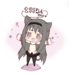 Rule 34 | 10s, 1girl, :d, akemi homura, animal ears, bad id, bad pixiv id, black hair, black pantyhose, blush, cat ears, cat tail, chibi, flower, hairband, kemonomimi mode, long hair, looking at viewer, mahou shoujo madoka magica, mahou shoujo madoka magica (anime), mikunido202, nyan, open mouth, outstretched arms, pantyhose, purple eyes, school uniform, simple background, smile, solo, spread arms, tail, text focus, white background