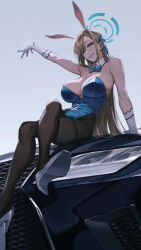 Rule 34 | 1girl, animal ears, arm support, asuna (blue archive), asuna (bunny) (blue archive), blonde hair, blue archive, blue bow, blue eyes, blue leotard, bow, breasts, car, crossed legs, detached collar, foreshortening, gloves, halo, high heels, highres, large breasts, leotard, motor vehicle, namahamu913, outstretched arm, pantyhose, playboy bunny, rabbit ears, simple background, sitting, smile, solo, white background, white gloves