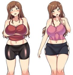 Rule 34 | bike shorts, breasts, brown hair, cameltoe, character sheet, cleft of venus, concept art, large breasts, miniskirt, skin tight, skirt, yottan