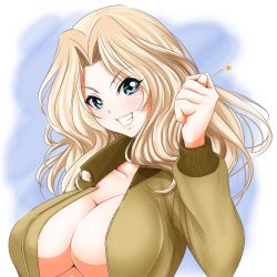 Rule 34 | 10s, 1girl, blonde hair, blue eyes, bomber jacket, breasts, cleavage, girls und panzer, grin, jacket, kay (girls und panzer), large breasts, long hair, size hermitage, smile, solo
