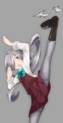 Rule 34 | 10s, 1girl, :o, ^^^, ahoge, arms up, asashimo (kancolle), blue bow, blue bowtie, boots, bow, bowtie, brown footwear, collared shirt, comah, cross-laced footwear, dress, fighting stance, grey background, grey eyes, grey pantyhose, hair over one eye, kantai collection, knee boots, leg up, long hair, long sleeves, open mouth, pantyhose, ponytail, red dress, shirt, shoe soles, silver hair, simple background, solo, split, spread legs, standing, standing on one leg, thighband pantyhose, very long hair, white shirt