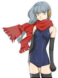 Rule 34 | 1girl, arms at sides, black gloves, black thighhighs, blue eyes, blue one-piece swimsuit, blush, braid, cowboy shot, elbow gloves, gloves, long hair, one-piece swimsuit, original, red scarf, scarf, school swimsuit, silver hair, simple background, solo, swimsuit, takahashi ren, thighhighs, twin braids, white background