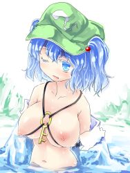 Rule 34 | 1girl, blue eyes, blue hair, breasts, female focus, hair bobbles, hair ornament, hat, highres, kawashiro nitori, key, large breasts, matching hair/eyes, nipples, nude, off shoulder, one eye closed, short hair, solo, touhou, turupiko, twintails, two side up, underwear, upper body, wet, wink
