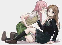 Rule 34 | 2girls, absurdres, arm support, bang dream!, bang dream! it&#039;s mygo!!!!!, black shirt, black skirt, black socks, blue eyes, blush, brown footwear, brown hair, brown sweater vest, chihaya anon, collared shirt, commentary, dated, full body, green neckerchief, green necktie, green skirt, grey background, grey eyes, hand on another&#039;s chin, hand on another&#039;s knee, haneoka school uniform, highres, jiong-zi, kneehighs, kneeling, long hair, long sleeves, looking at another, multiple girls, nagasaki soyo, neckerchief, necktie, open mouth, pink hair, plaid, plaid skirt, pleated skirt, sailor collar, school uniform, shadow, shirt, short sleeves, simple background, sitting, skirt, smile, socks, sweater vest, white sailor collar, white shirt, yuri
