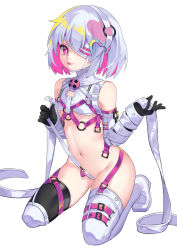 Rule 34 | 1girl, :p, absurdres, asymmetrical legwear, bdsm, bob cut, boots, bright pupils, dohna dohna issho ni warui koto o shiyou, elbow gloves, eyepatch, female focus, gag, gloves, hair ornament, heart, heart hair ornament, highres, kneeling, looking at viewer, mismatched legwear, multicolored hair, navel, o-ring, pink eyes, pink hair, porno (dohna dohna), shio (shiofeifei), silver hair, simple background, solo, strap, thigh boots, thighhighs, tongue, tongue out, two-tone hair, unfastened, white background, white pupils, wiffle gag