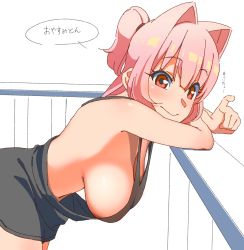 Rule 34 | 1girl, bare arms, bare shoulders, breasts, commentary request, hair intakes, hanging breasts, high ponytail, highres, large breasts, leaning forward, long hair, looking at viewer, miton-chan (miton (turuyasann)), miton (turuyasann), no bra, original, pink eyes, pink hair, pointing, railing, short ponytail, sideboob, solo, translation request, white background
