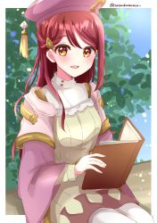 Rule 34 | 1girl, :d, absurdres, blush, book, border, commentary, dress, genjitsu no yohane, hair ornament, hairclip, highres, holding, holding book, long hair, looking at viewer, love live!, love live! sunshine!!, open clothes, open mouth, open robe, outdoors, outside border, pink headwear, pink robe, red hair, riko (genjitsu no yohane), robe, sakurauchi riko, sasakura sakura, shirt, short dress, sitting, smile, solo, tassel, twitter username, white border, white shirt, yellow dress, yellow eyes