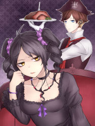 Rule 34 | 1boy, 1girl, android, blue eyes, breasts, brown hair, choker, cleavage, commentary request, dress, drill hair, elbow rest, food, fork, frilled sleeves, frills, gothic lolita, hair ornament, hair scrunchie, highres, holding, holding plate, jewelry, juliet sleeves, leaning to the side, lolita fashion, long sleeves, low neckline, meat, necklace, necktie, neit ni sei, original, parted bangs, plate, puffy sleeves, robot ears, scrunchie, seams, shirt, sitting, small breasts, twin drills, vest, yellow eyes