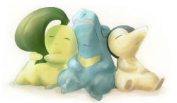 Rule 34 | chikorita, commentary request, creatures (company), cyndaquil, closed eyes, game freak, gen 2 pokemon, head back, leaning, muji bogi, nintendo, no humans, pokemon, pokemon (creature), sitting, sleeping, starter pokemon trio, toes, totodile, white background