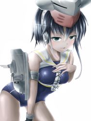 Rule 34 | 10s, 1girl, 7ban, asymmetrical hair, black eyes, black hair, framed breasts, gloves, hair between eyes, hand on own chest, headphones, i-13 (kancolle), kantai collection, leaning forward, looking at viewer, partially fingerless gloves, sailor collar, school swimsuit, short hair, single glove, solo, swimsuit, white background