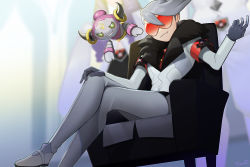 Rule 34 | 1boy, armband, black shirt, blurry, chair, coat, commentary request, creatures (company), crossed legs, from below, fur-trimmed coat, fur trim, game freak, gen 6 pokemon, gloves, grey gloves, highres, hoopa, hoopa (confined), ikura (downdexp), lear (pokemon), legendary pokemon, long sleeves, male focus, mythical pokemon, necktie, nintendo, pants, pokemon, pokemon (creature), pokemon masters ex, red necktie, shirt, shoes, sitting, sunglasses, white coat, white footwear, white pants