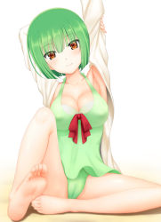 Rule 34 | 1girl, arm grab, armpits, arms up, bare legs, barefoot, bob cut, bow, breasts, brown eyes, cameltoe, casual one-piece swimsuit, cleavage, cleft of venus, closed mouth, commentary request, copyright request, denkaisui, fingernails, girly air force, green hair, green one-piece swimsuit, hair between eyes, highres, jacket, leaning to the side, medium breasts, one-piece swimsuit, open clothes, open jacket, phantom (girly air force), red bow, short hair, sitting, smile, soles, solo, swimsuit, toes, white background, white jacket