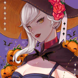 Rule 34 | black cape, black hat, breasts, brown eyes, cape, earrings, flower, hat, hat flower, highres, jack-o&#039;-lantern, jewelry, large breasts, league of legends, lipstick, looking at viewer, makeup, medium hair, meowlian, parted lips, solo, upper body, white hair