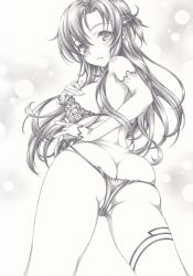 Rule 34 | 1girl, ass, asuna (sao), bra, breasts, butt crack, detached sleeves, graphite (medium), greyscale, legs, long hair, looking at viewer, mikuro, monochrome, panties, panty pull, sideboob, single thighhigh, solo, sword art online, thighhighs, traditional media, underwear