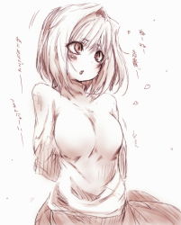 Rule 34 | 00s, 1girl, arcueid brunestud, arms behind back, asano shimon, blonde hair, blush, breasts, monochrome, pink theme, short hair, sketch, solo, sweater, translated, tsukihime, turtleneck, type-moon