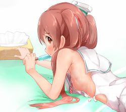 Rule 34 | 10s, 1girl, bare shoulders, blush, boruhis, breasts, brown eyes, brown hair, dark-skinned female, dark skin, dress, food, hair ribbon, hat, kantai collection, libeccio (kancolle), long hair, looking at viewer, lying, no bra, on stomach, popsicle, ribbon, sailor dress, sideboob, small breasts, solo, tissue box, twintails