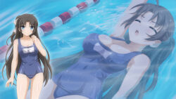 Rule 34 | 1girl, black hair, blue eyes, highres, mieko (sakura swim club), pool, ribbon, sakura swim club, smile, swimming, swimsuit, wet, white ribbon, winged cloud