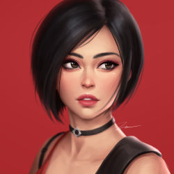 Rule 34 | ada wong, bare shoulders, black choker, black hair, bob cut, brown eyes, choker, collarbone, commentary request, eyeshadow, lips, looking away, looking to the side, makeup, parted bangs, parted lips, portrait, red background, resident evil, resident evil 2, resident evil 2 (remake), short hair, signature, simple background, solo, umigraphics