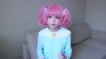 Rule 34 | 1girl, animated, anzujaamu, bow, character request, cosplay, green eyes, hair bow, highres, lipstick, looking at viewer, makeup, photo (medium), pink hair, solo, star (symbol), talking, twintails, video, video